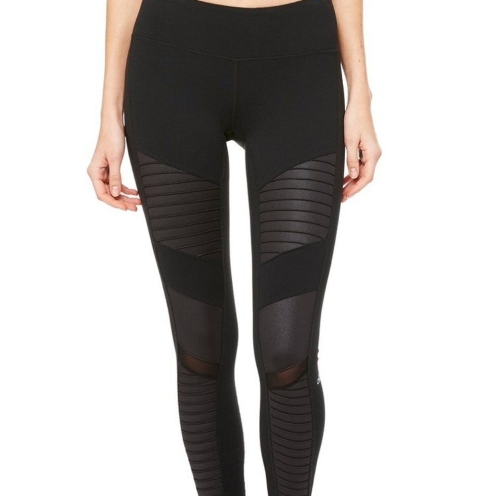 Alo Yoga Moto Leggings Black Mesh High Waist Compression Yoga Pants XS 27”